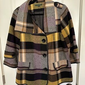 Plaid Pea Coat - Brown, Tan, Yellow,